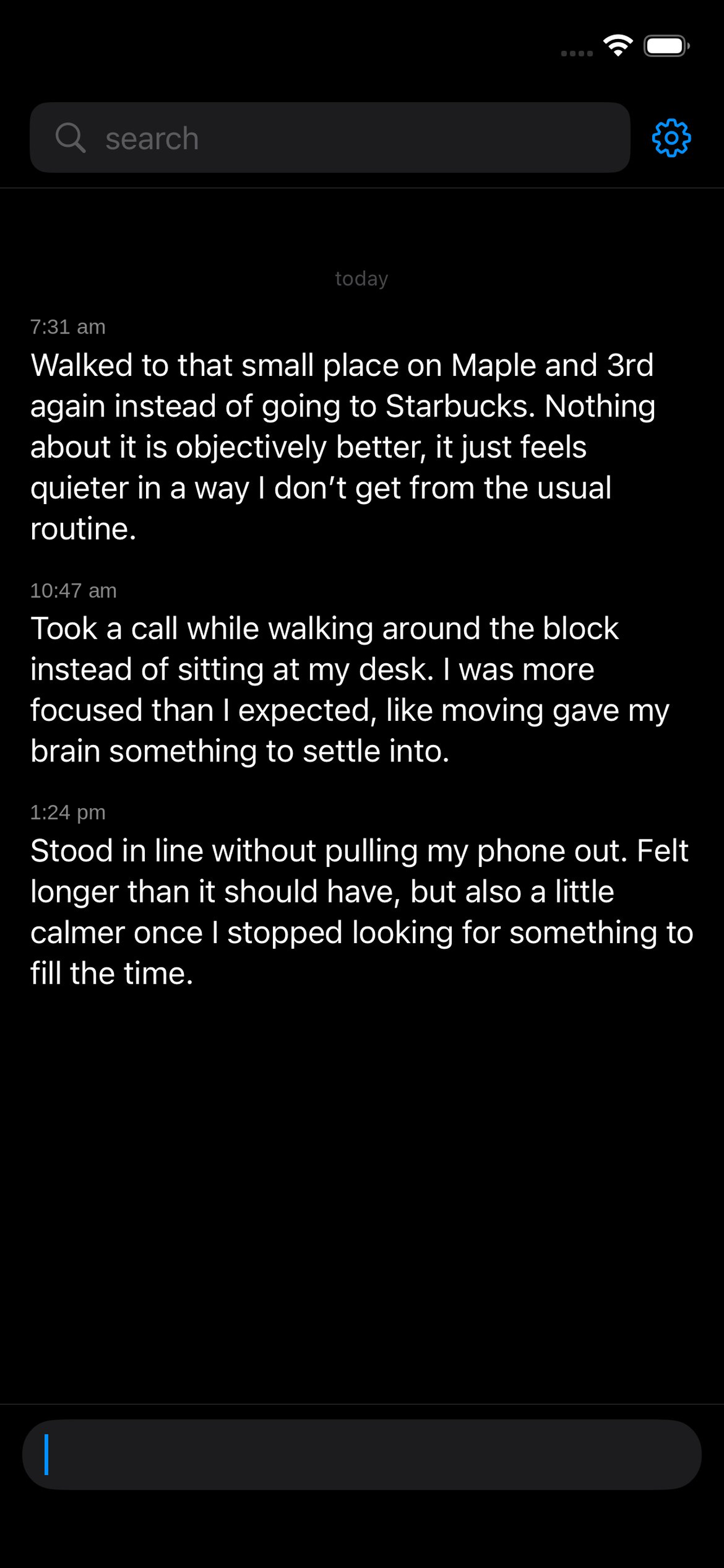 scrbl entries: a timeline of short thoughts grouped by day