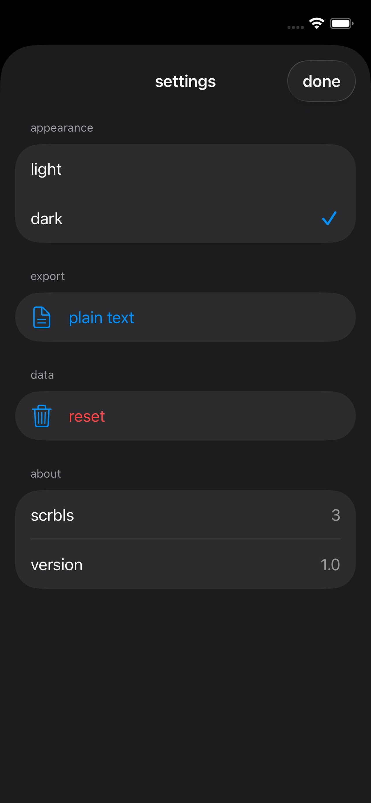scrbl settings: appearance, export, data, about